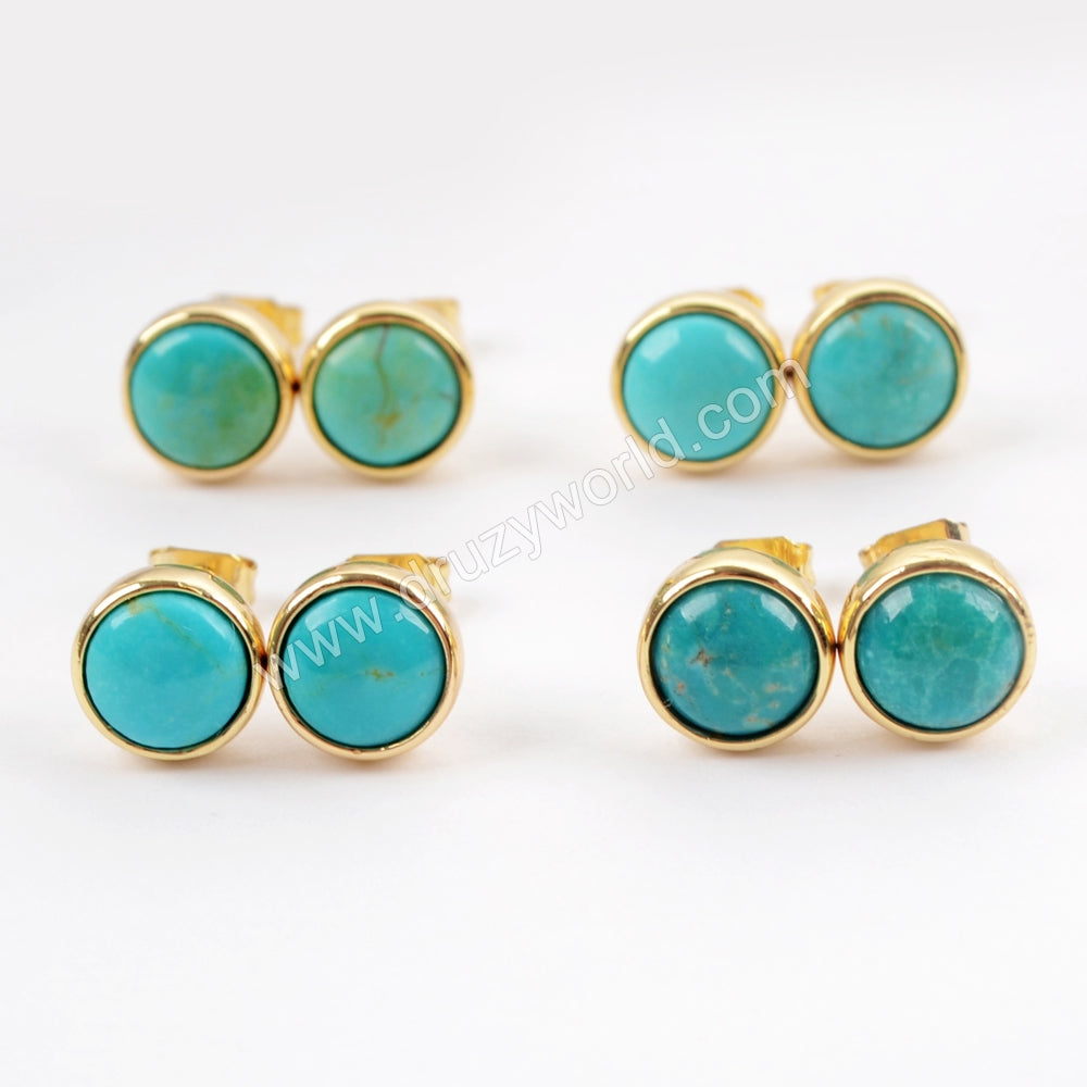 Round Gold Plated Bezel Natural Turquoise Stud Earrings, Gemstone Jewelry ZG0258