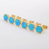 Hexagon Gold Plated Bezel Blue Opal Stud Earrings ZG0224