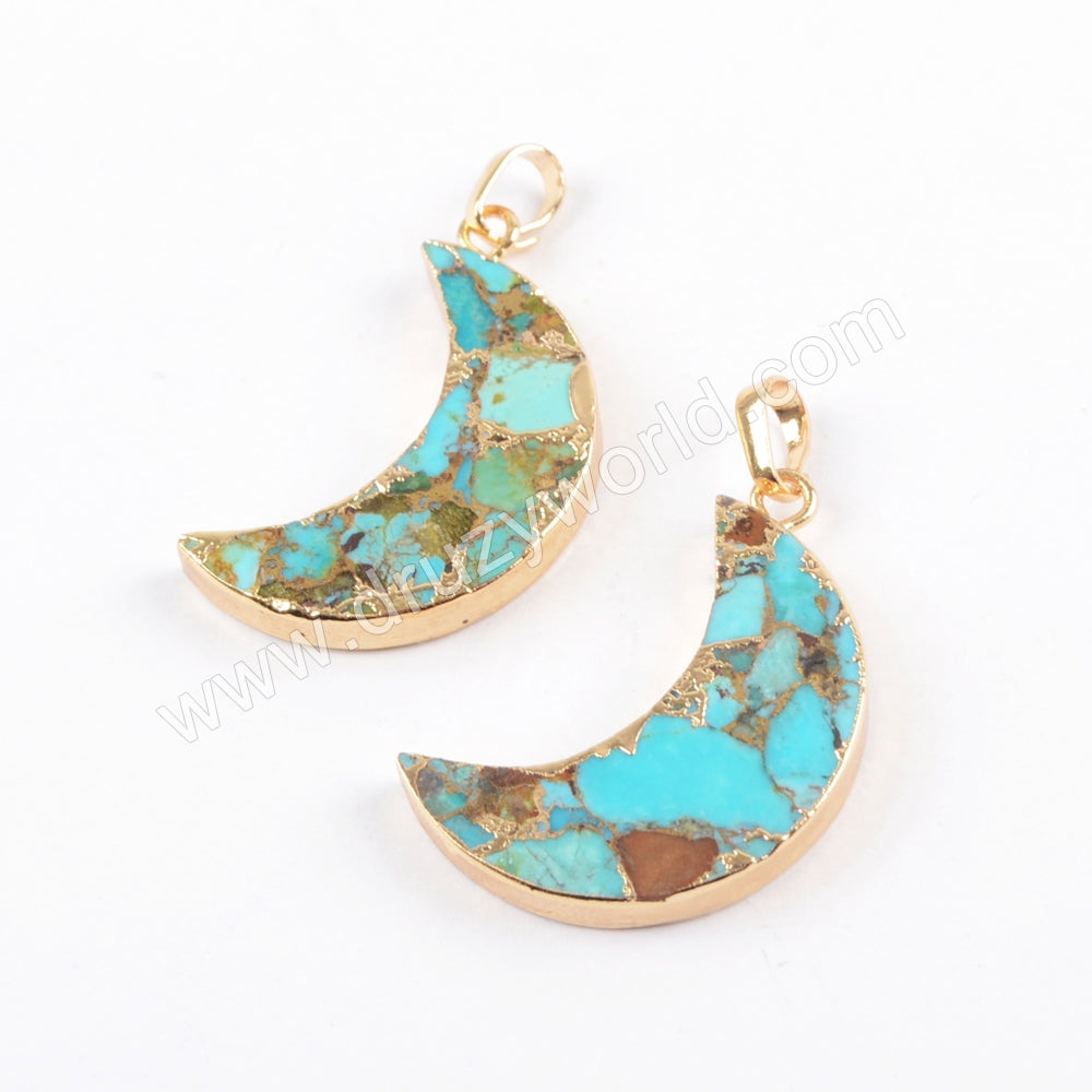 Gold Copper Turquoise Moon Pendant Turquoise Jewelry Making Charm In Silver Plated S1682