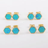 Hexagon Gold Plated Bezel Blue Opal Stud Earrings ZG0224