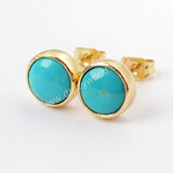 Round Gold Plated Bezel Blue Natural Turquoise Stud Earrings ZG0258