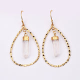 Gold Teardrop Angel Aura Crystal Cluster Point Dangle Earrings, Gold Brass Ring, Healing Crystal Stone Earrings, White Quartz Earring HD0367
