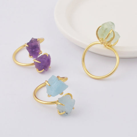 Gold Plated Claw Natural Raw Gemstone Adjustable Ring, Healing Crystal Jewelry ZG0447