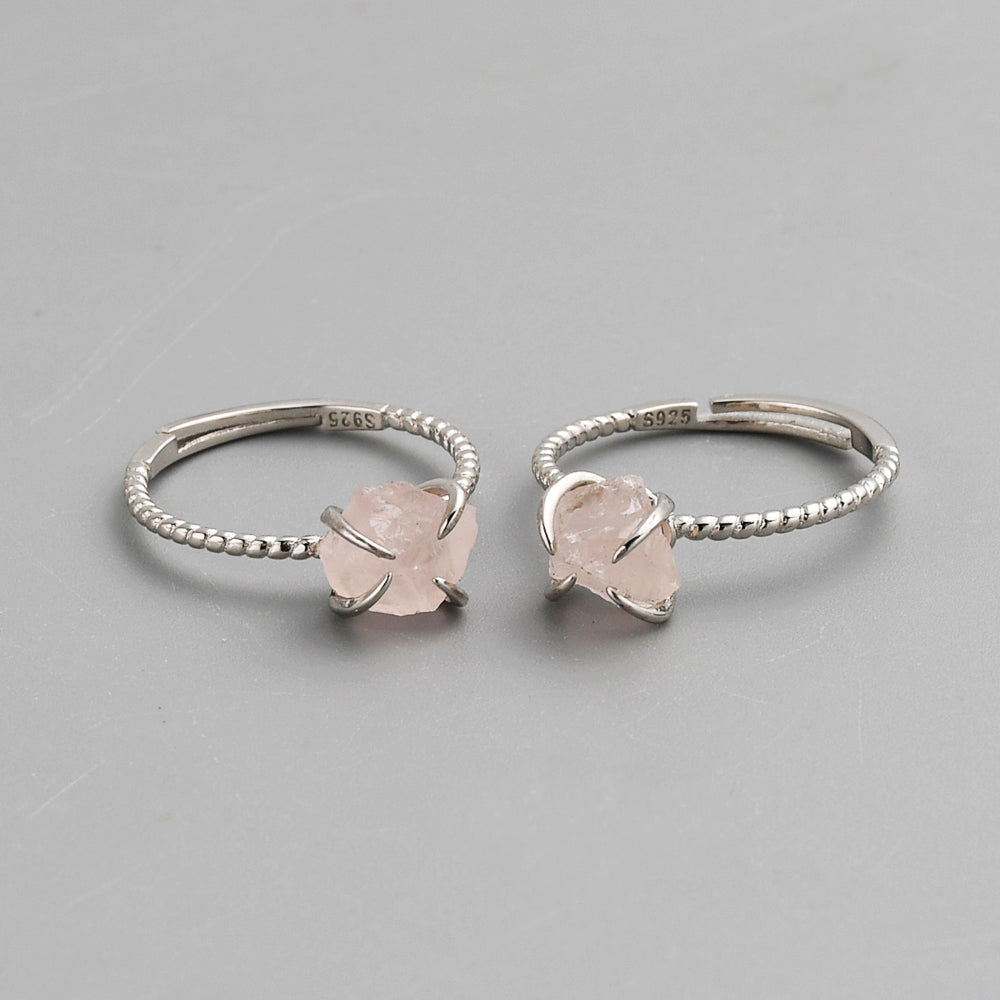 S925 Sterling Silver Claw Rainbow Raw Gemstone Ring, Healing Crystal Stone Ring, Adjustable SS204 rose quartz ring