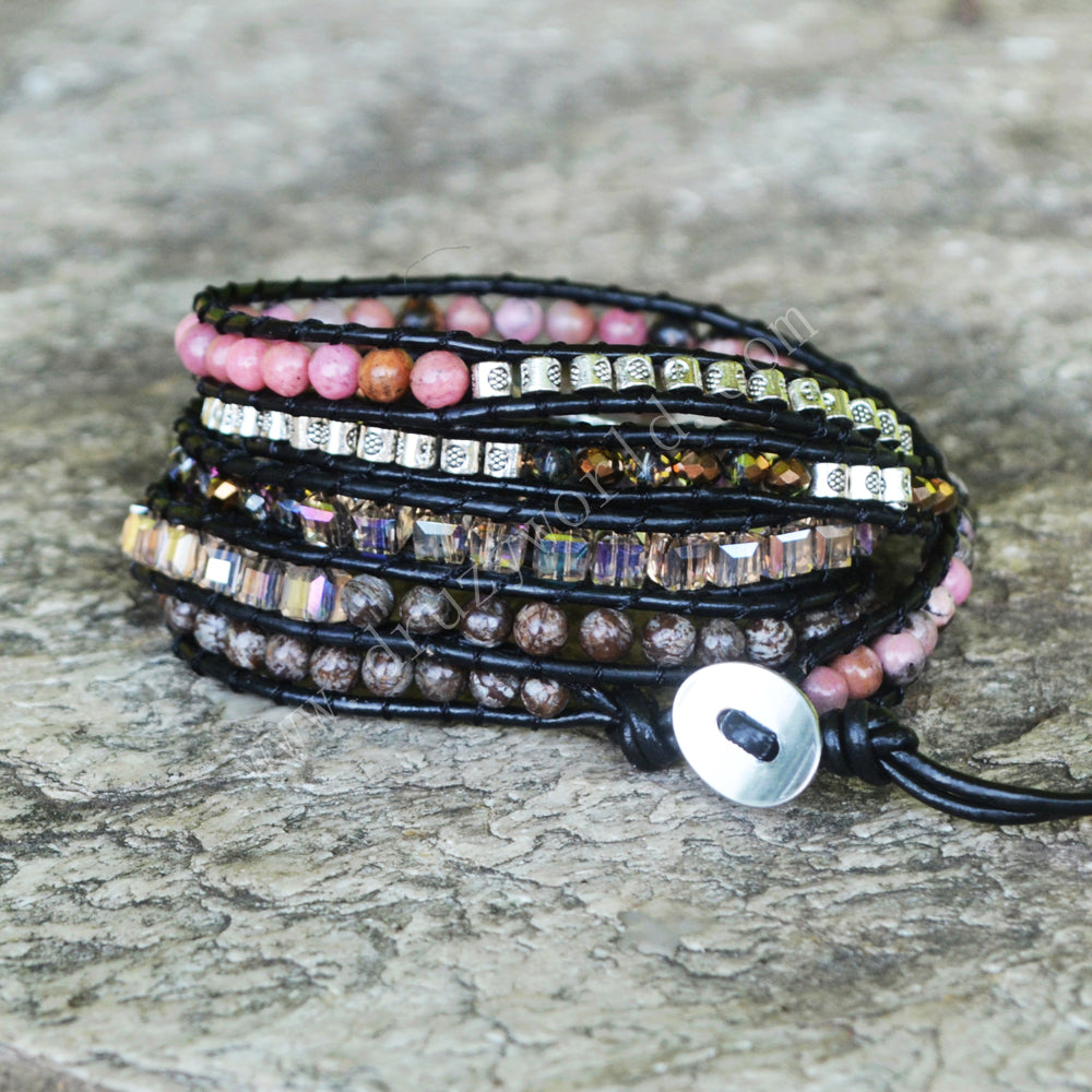 Natural Fossil Stone 4mm Beads 5-Layers Leather Wrap Bracelet, Handmade Boho Jewelry HD0084