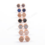 Hexagon Rose Gold Plated Bezel Rainbow Titanium Druzy Studs Earring ZR0275