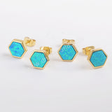 Hexagon Gold Plated Bezel Blue Opal Stud Earrings ZG0224