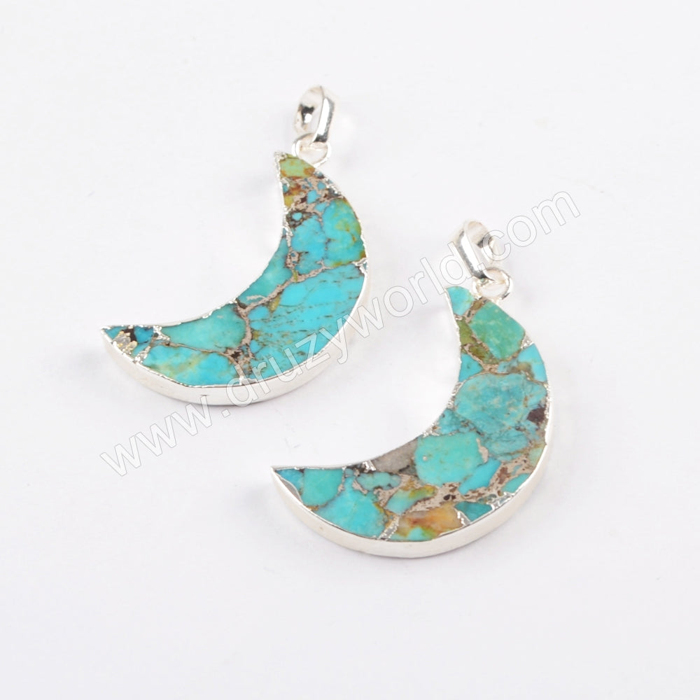 Gold Copper Turquoise Moon Pendant Turquoise Jewelry Making Charm In Silver Plated S1682