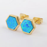 Hexagon Gold Plated Bezel Blue Opal Stud Earrings ZG0224