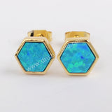 Hexagon Gold Plated Bezel Blue Opal Stud Earrings ZG0224