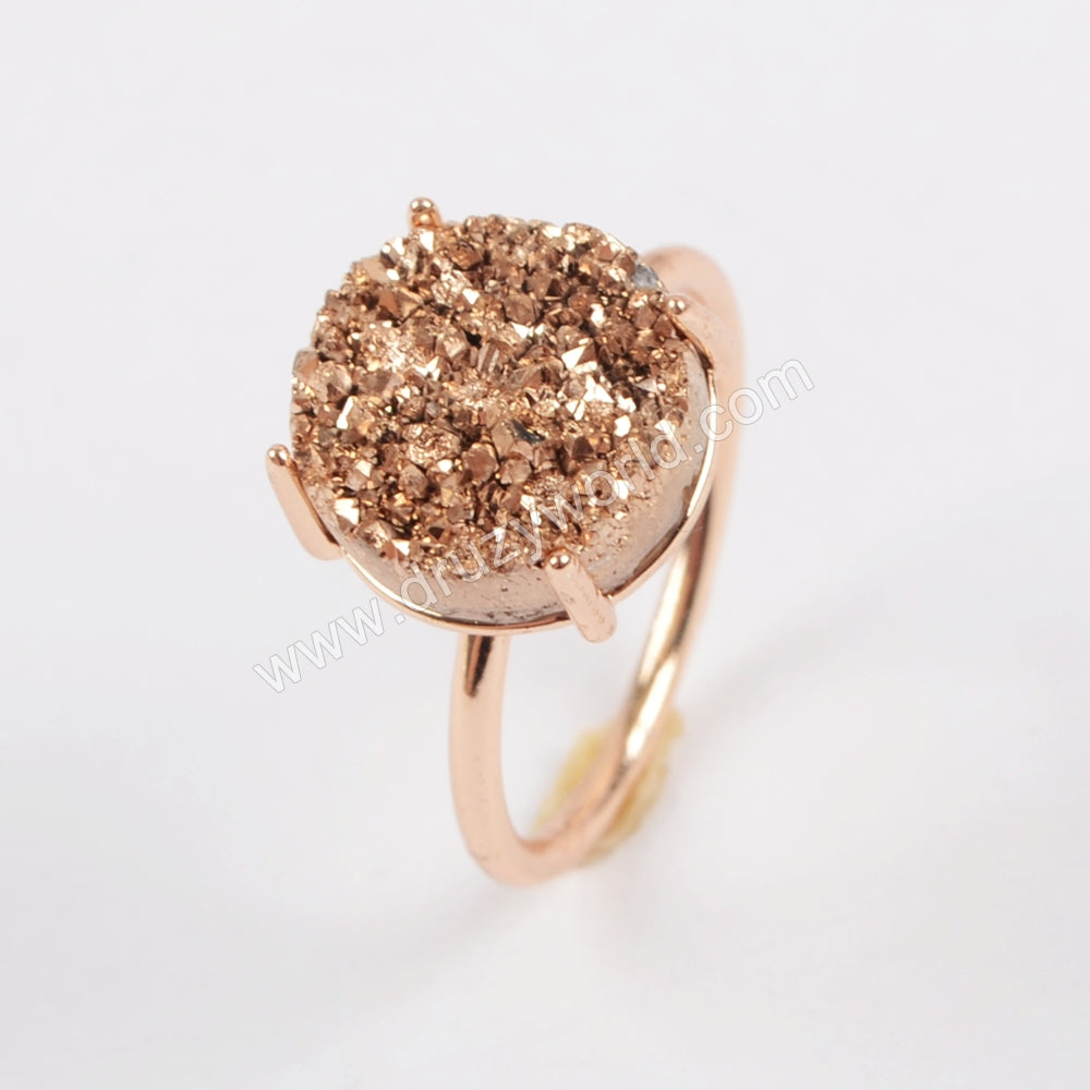 Rose Gold Plated Claw Natural Titanium Druzy Ring, 12mm Round Drusy Geode Jewelry ZG0131