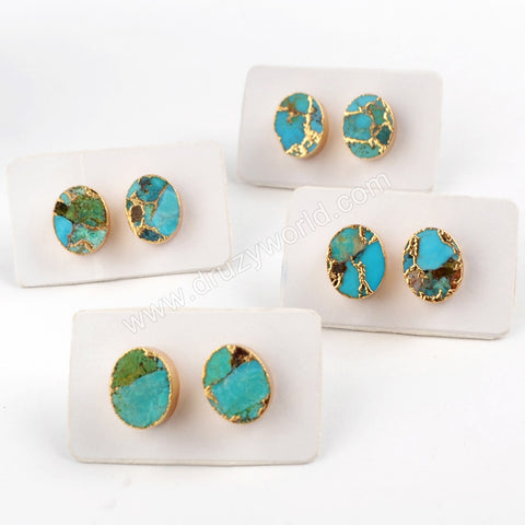 Oval Copper Turquoise Stud Earrings Gold Plated G1546