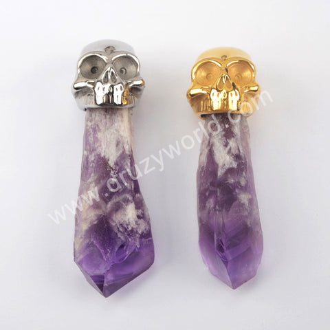 Natural Amethyst Skull Pendant Jewelry Making Gold Plated WX1386