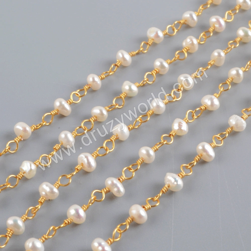 1 meter of Natural Pearl Beads Rosary Chains In Gold Plated, DIY Jewelry Necklace  JT271