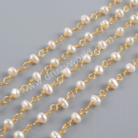 1 meter of Natural Pearl Beads Rosary Chains in Gold Plated, DIY Jewelry Necklace JT271