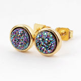 Round Gold Plated Bezel Rainbow Titanium Druzy Studs Earrings ZG0277