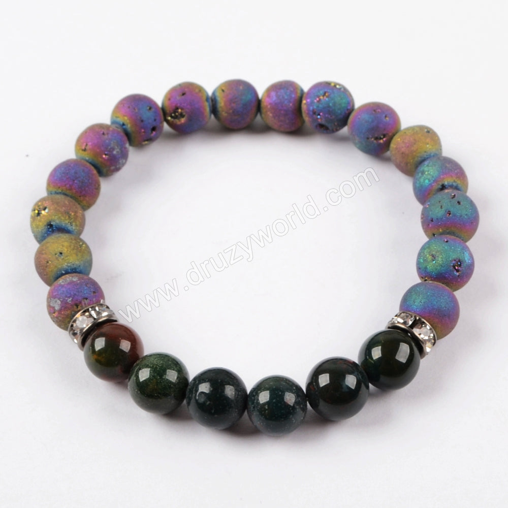 8mm Titanium Druzy & Gemstones Beads Bracelet G1476