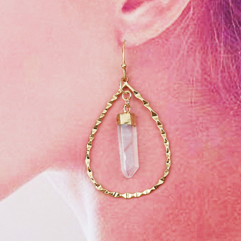 Gold Teardrop Angel Aura Crystal Cluster Point Dangle Earrings, Gold Brass Ring, Healing Crystal Stone Earrings HD0367