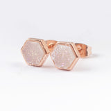 Hexagon Rose Gold Plated Bezel Rainbow Titanium Druzy Studs Earring ZR0275