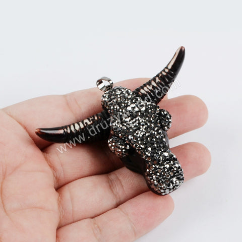 Rhinestone Pave Black Resin Ox Head Pendant JAB641