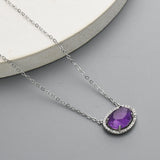 15" S925 Sterling Silver Prong CZ Gemstone Necklace, Micro Pave, Faceted Amethyst Aquamarine Rose Quartz Moonstone Necklace Jewelry LM001-S