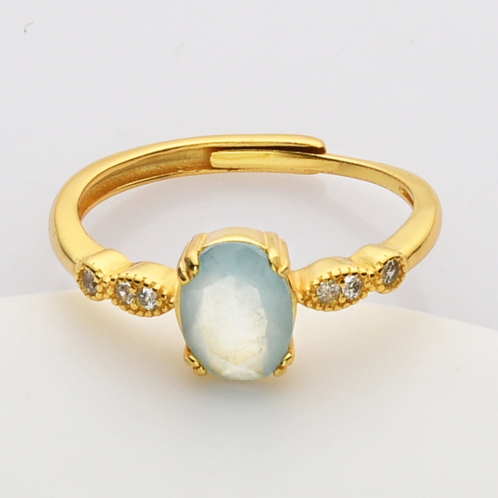 S925 Sterling Silver Gold Oval Faceted Gemstone Diamond Ring, Healing Crystal Amethyst Aquamarine Rose Quartz Moonstone Birthstone Ring, Dainty Jewelry SS207
