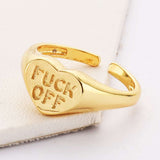 Gold Plated Brass Heart Signet Ring FUCK OFF Letter Ring Open Ring WX2058