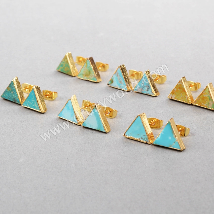 Gold Plated Triangle Natural Real Turquoise Stud Earrings G0472