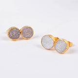 Round 10mm Natural Titanium AB White Druzy Geode Stud Earrings Gold Plated G0681