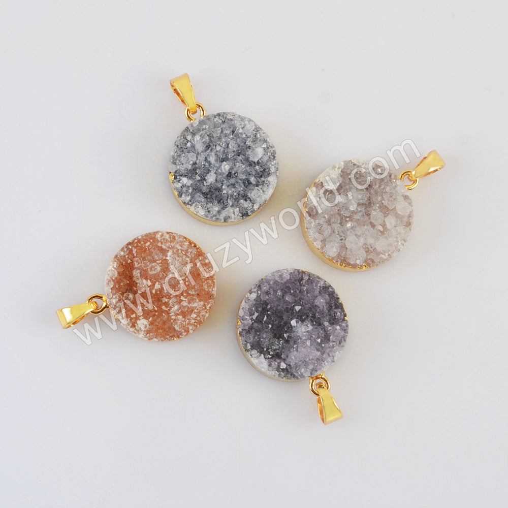 Gold Plated Round Agate Druzy Pendant G2020