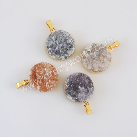 Gold Plated Round Natural Colors Agate Druzy Pendant, Crystal Coin Pendant G2020