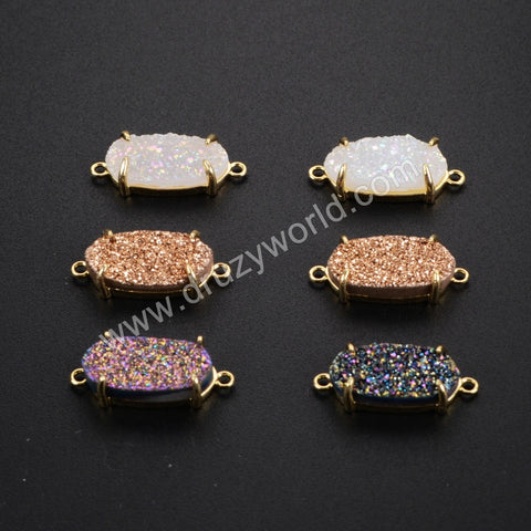 Hexagon Gold Plated Claw Natural Agate Titanium Druzy Connector, For Jewelry Making ZG0135