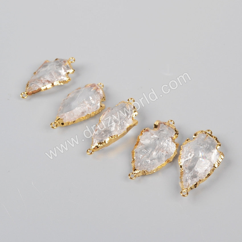 Gold Plated Rough Natural White Quartz Carved Arrowhead Connectors, For DIY Jewelry Making G0942