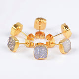 Square Titanium AB White Druzy Stud Earrings Gold Plated, 8mm Drusy Crystal Jewelry Earring G0678