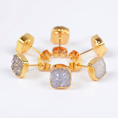 Square Titanium AB White Druzy Stud Earrings Gold Plated, 8mm Drusy Crystal Jewelry Earring G0678