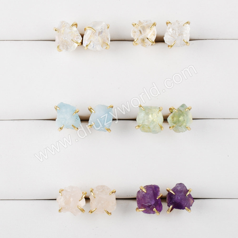 Tiny Gold Claw Raw Gemstone Stud Earrings, Prong Set Crystsal Earring, Healing Stone Jewelry ZG0446