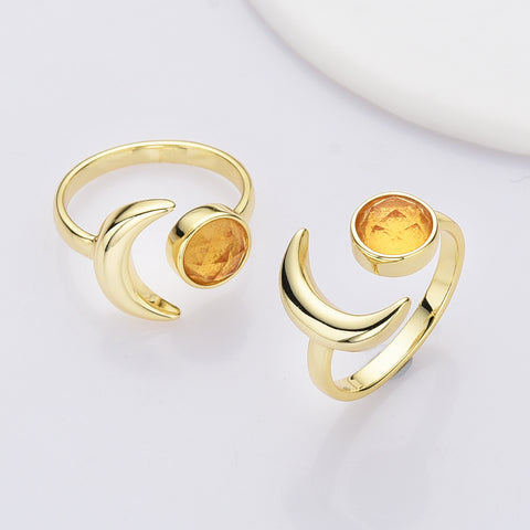 Gold Plated Round Faceted Gemstone Moon Ring, Natural Crystal Stone Ring, Wholesale Jewelry ZG0492