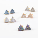 Gold Plated Triangle 10mm Natural Agate Titanium Rainbow Druzy Stud Earrings G0915