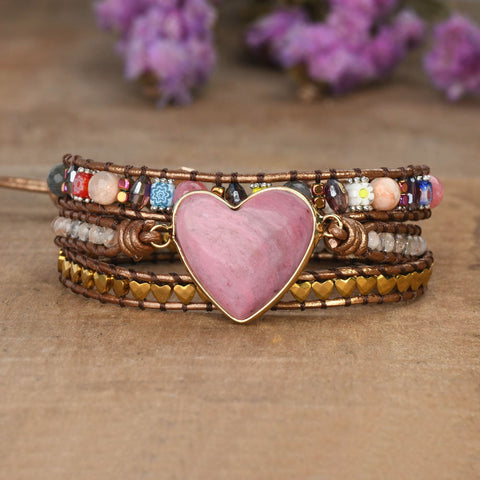 Rhodonite Big Heart 4mm Crystal Stone Beads 3-Layers Leather Wrap Bracelet, Handmade Boho Jewelry HD0373