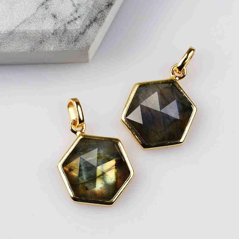 Hexagon Gold Bezel Briolette Gemstone Pendant Natural Labradorite Moonstone Copper Turquoise Healing Crystal Pendants Necklace ZG0473