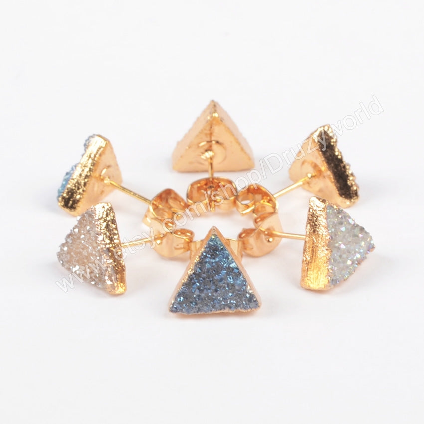 Gold Plated Triangle Natural Agate Titanium Transparent Druzy Stud Earrings G0915