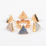 Gold Plated Triangle 10mm Natural Agate Titanium Rainbow Druzy Stud Earrings G0915