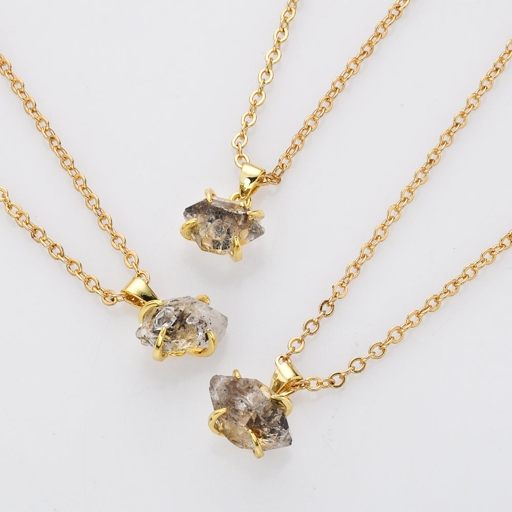 16" Gold Plated Claw Raw Herkimer Quartz Pendnt Necklace, Faceted Gemstone Crystal Necklace Jewelry ZG0499