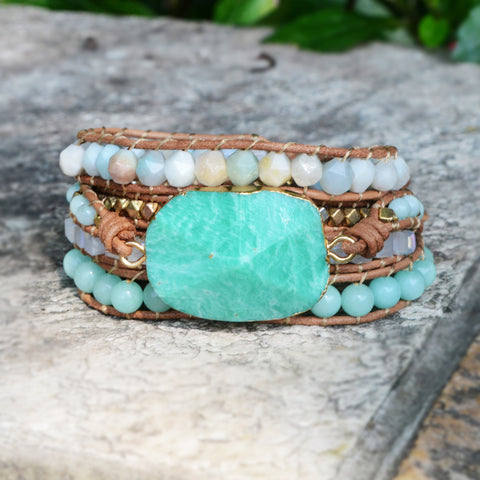 Gold Faceted Amazonite 4mm Multi Stone Beads Layers Leather Wrap Bracelet, Boho Handmade Jewelry HD0078