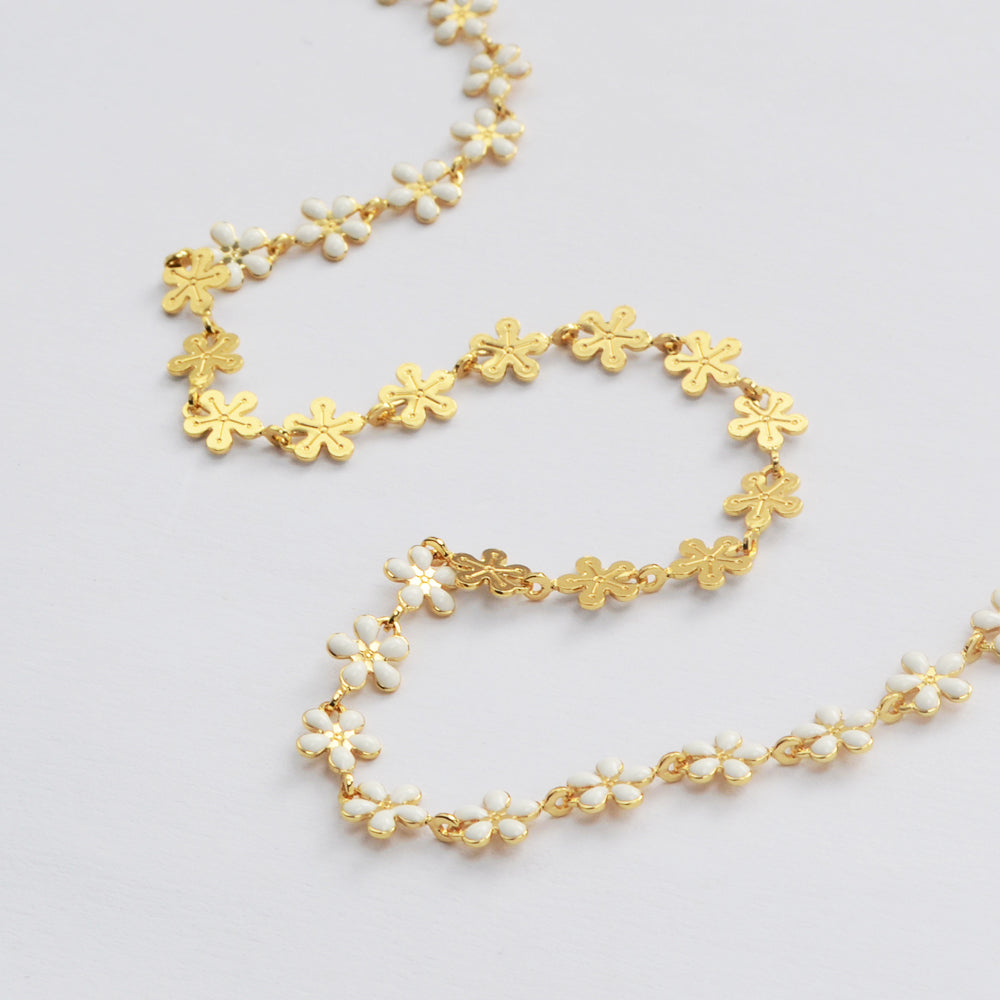 16 Feet Gold Plated Brass White Oil Dripping Flower Chain, Enamel Paint Flower Chain, For Necklace Bracelet Jewelry Making, Wholesale Supply PJ491