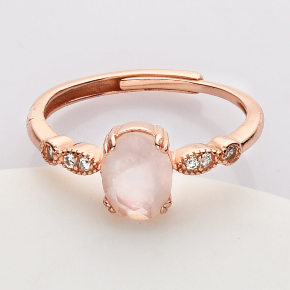 S925 Sterling Silver - Rose Gold Oval Faceted Gemstone CZ Ring, Healing Crystal Jewelry SS207RR