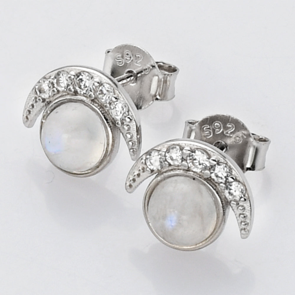 S925 Sterling Silver Natural Moonstone Stud Earrings, CZ Micro Pave Moon, Bezel Round Crystal Studs Jewelry LM034