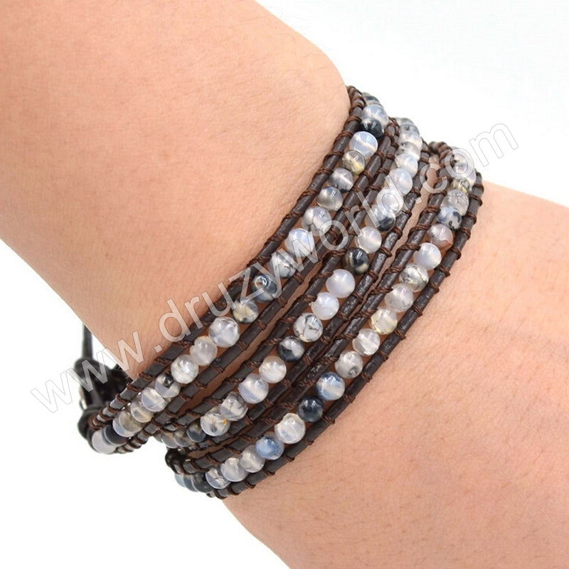 Natural Agate 4mm Beads Gypspy Bohemian Leather Wrap Bracelet, Handmade Gemstone Jewelry HD0095