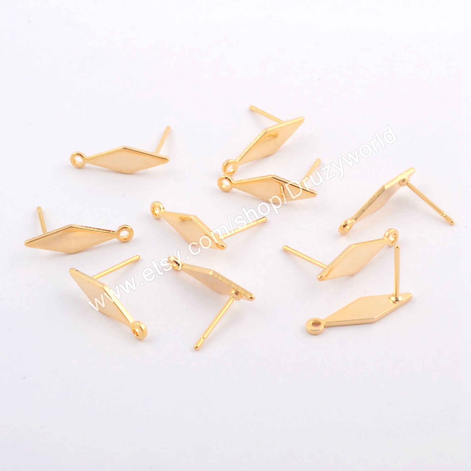 40 Pcs Fashion Gold Plated Brass Diamond Shape Slice DIY Stud Earrings Findings With Loop Dangle Earring Charm Making Jewelry PJ387