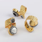 Unique Rhinestone Pave Round Blue Howlite Turquoise Black Agate Pearl Gold Band Wrap Ring JAB963